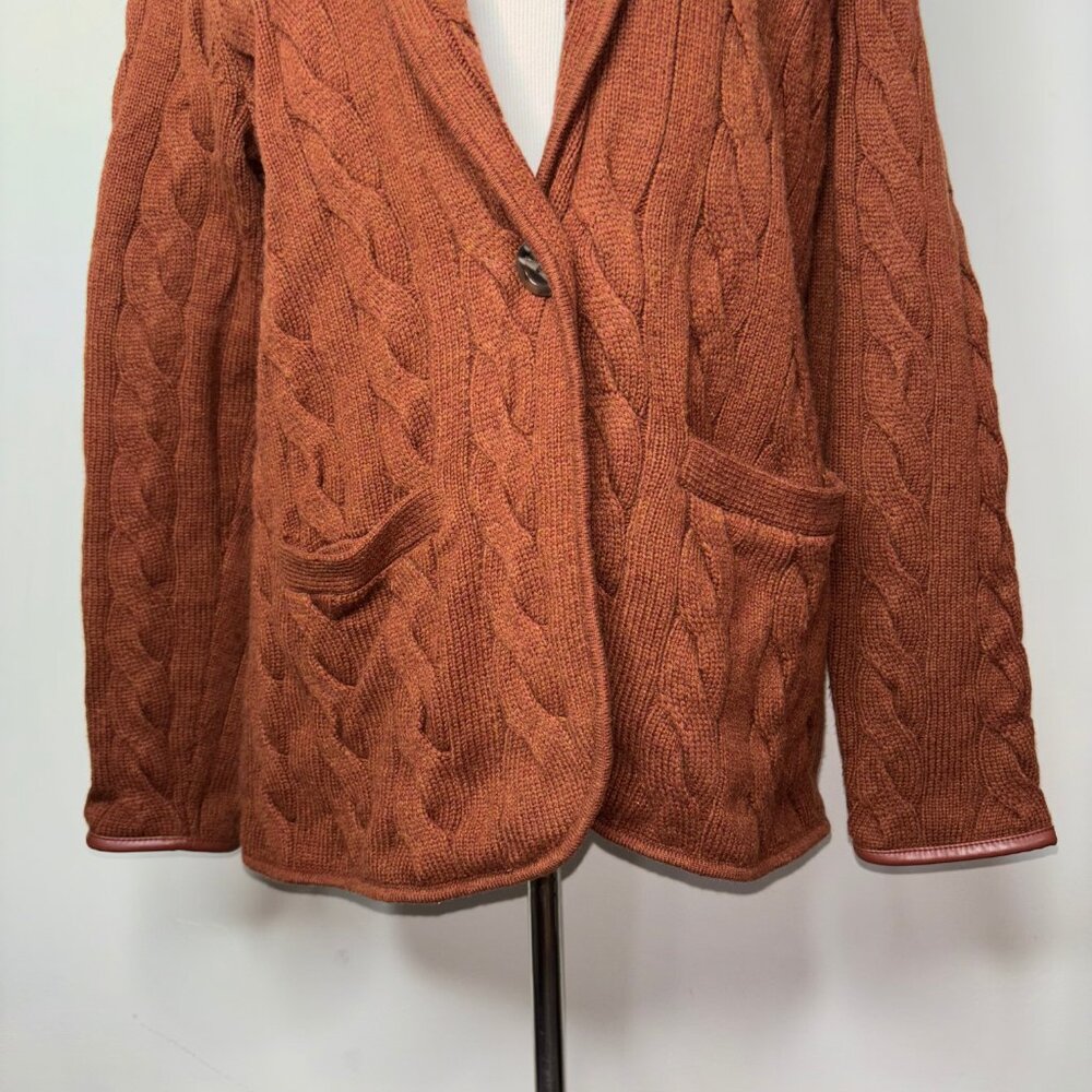 Talbots Wool Blend Cable Knit Cardigan Sweater M Brown Faux Leather Trim - Picture 5 of 14